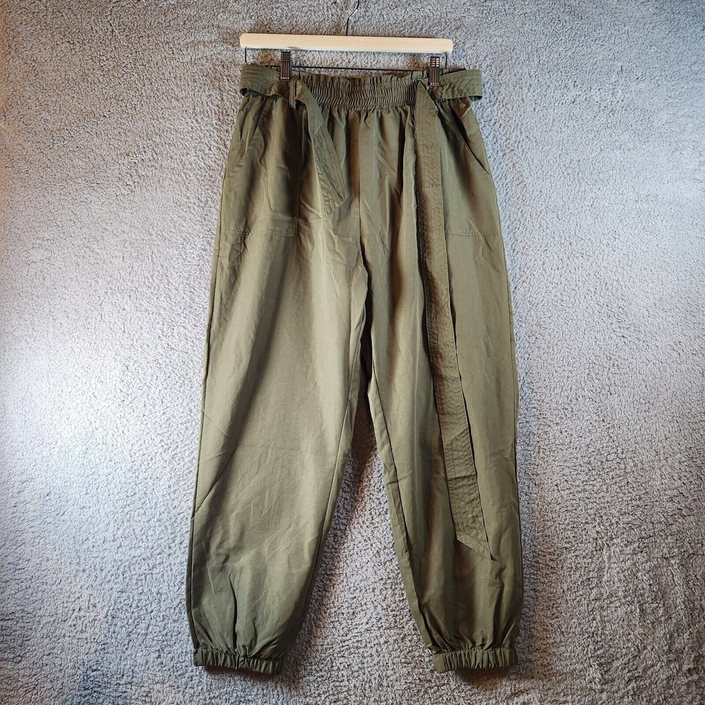 Women Jogger Pants Large Olive Green Stretch High-Rise Tapered Leg Elastic Waist